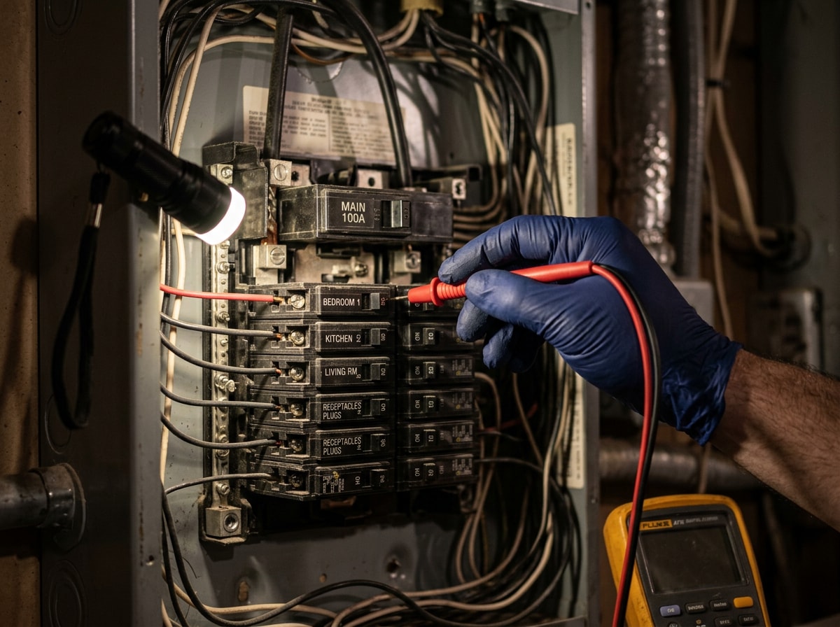 Licensed electrician testing a residential circuit breaker panel at night in Bergen County NJ