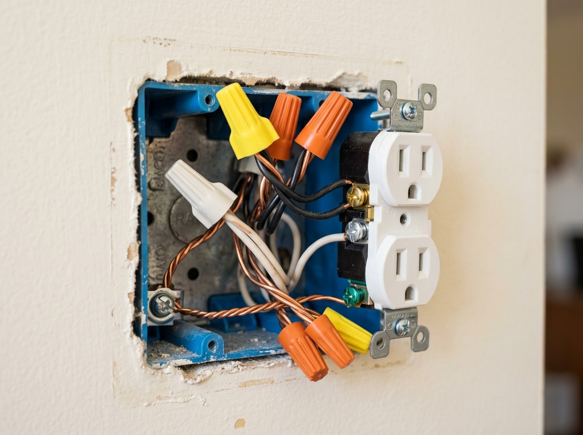 Close-up of a repaired electrical outlet with cover plate removed showing new wiring connections