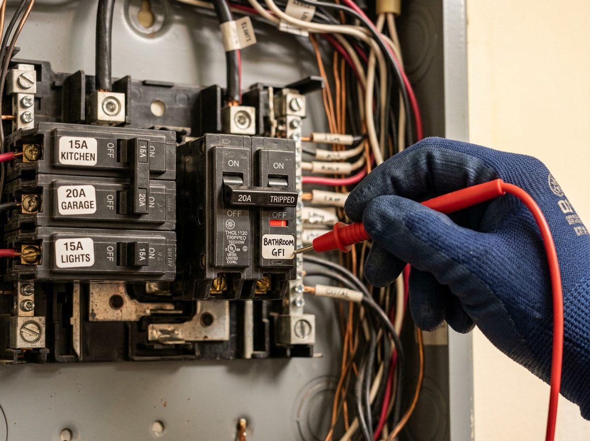 Electrician's gloved hand inspecting a tripped circuit breaker inside an open residential panel