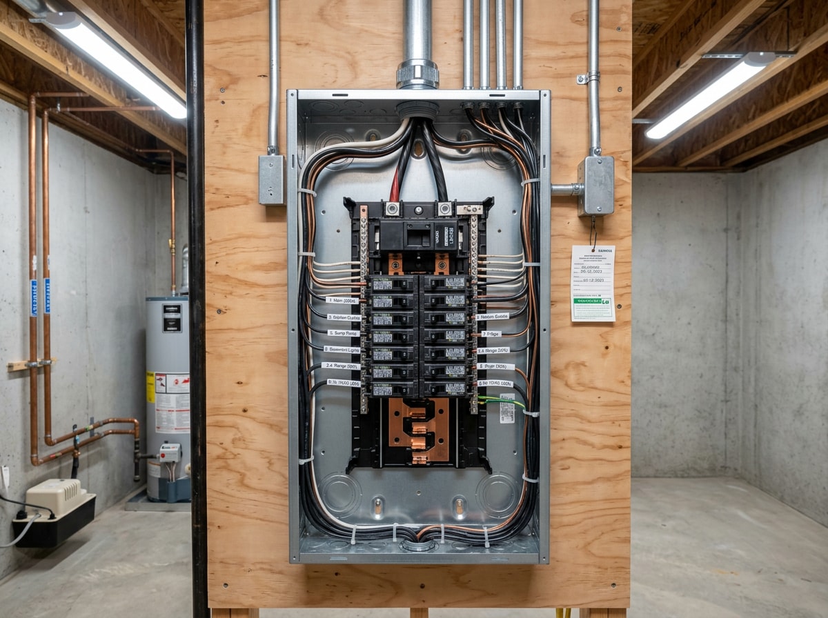 Newly installed 200 amp residential electrical panel with labeled breakers and clean wiring