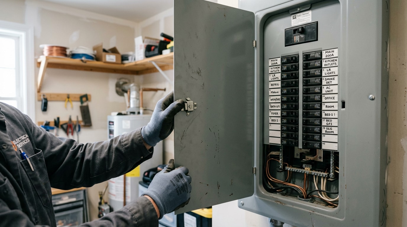 Open residential electrical panel showing rows of circuit breakers during an amp repair inspection Open residential electrical panel showing rows of circuit breakers during an amp repair inspection
