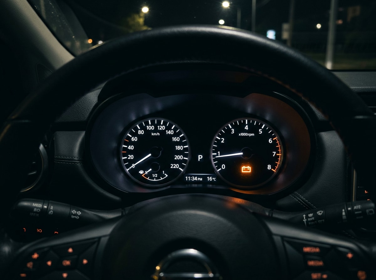 Close-up of a car dashboard showing an illuminated battery warning light