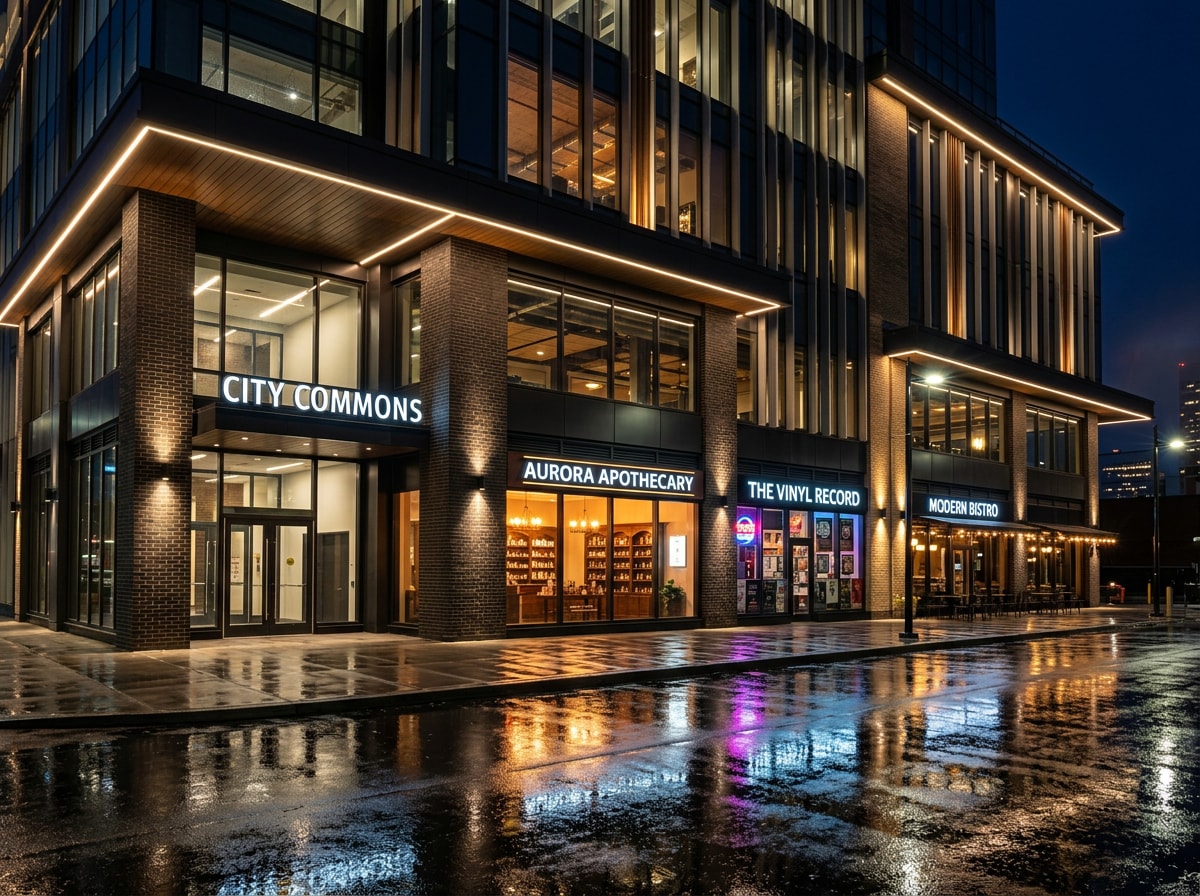 Commercial outdoor lighting installation illuminating a storefront and parking lot in Sussex County, NJ