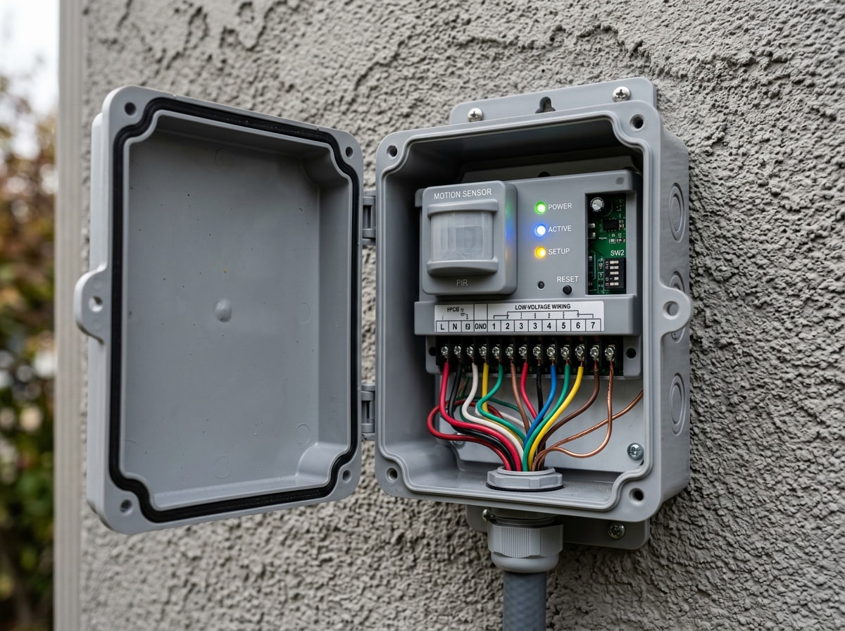 Smart outdoor lighting control panel showing motion-controlled commercial lighting settings