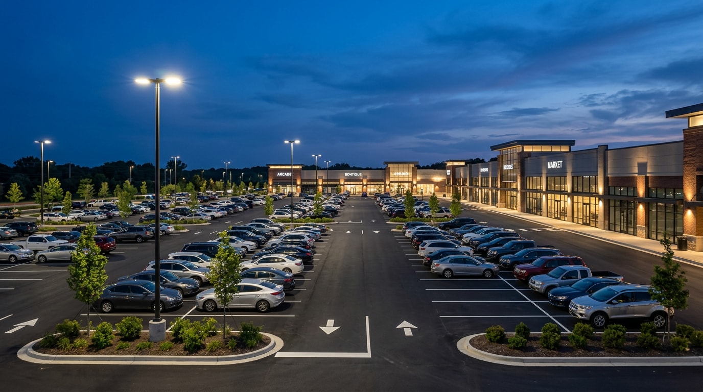 Commercial parking lot illuminated by LED pole lighting at dusk in Sussex County, NJ