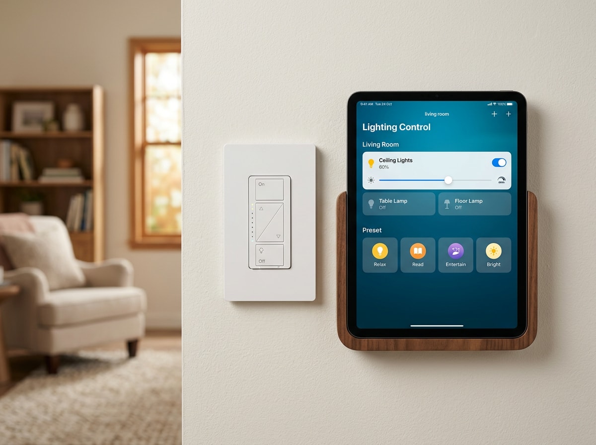 smart lighting control panel and mobile app displayed in a Passaic County NJ home