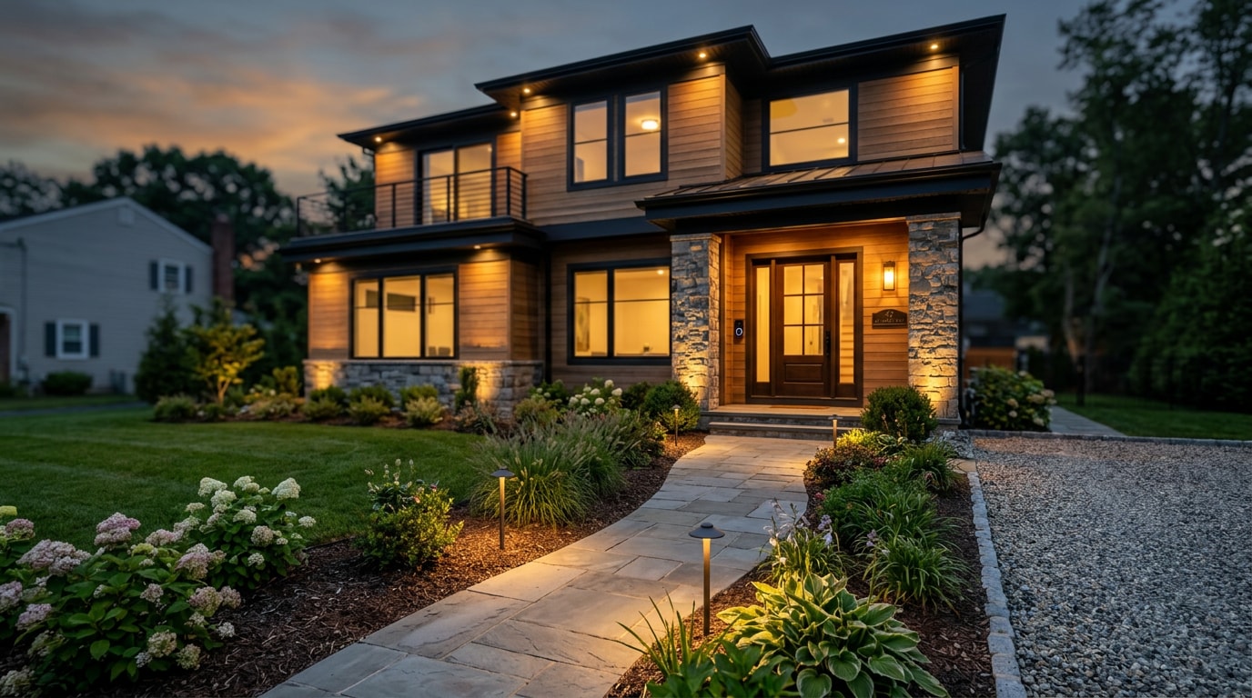 smart outdoor lighting and automation devices installed on a Passaic County NJ home exterior at dusk