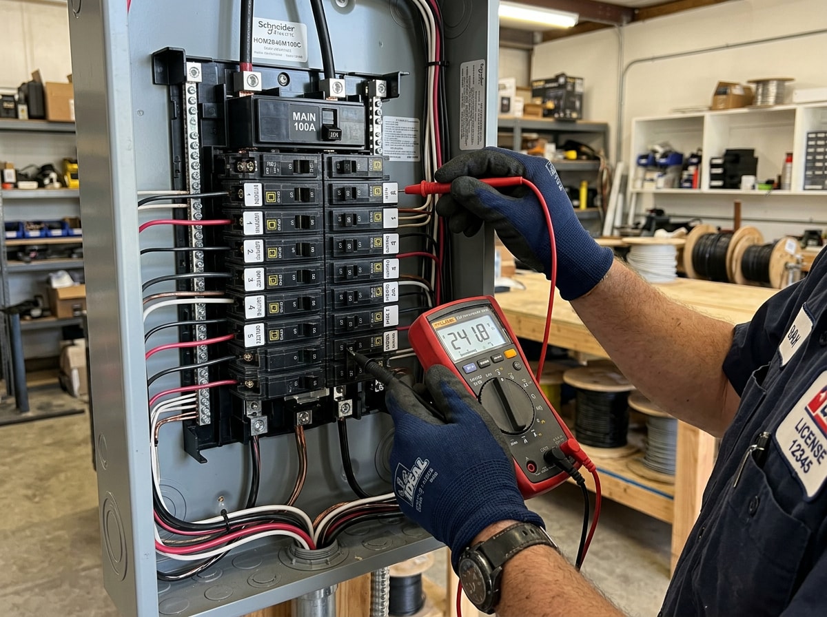 Licensed electrician inspecting an electrical panel at a Union County job site