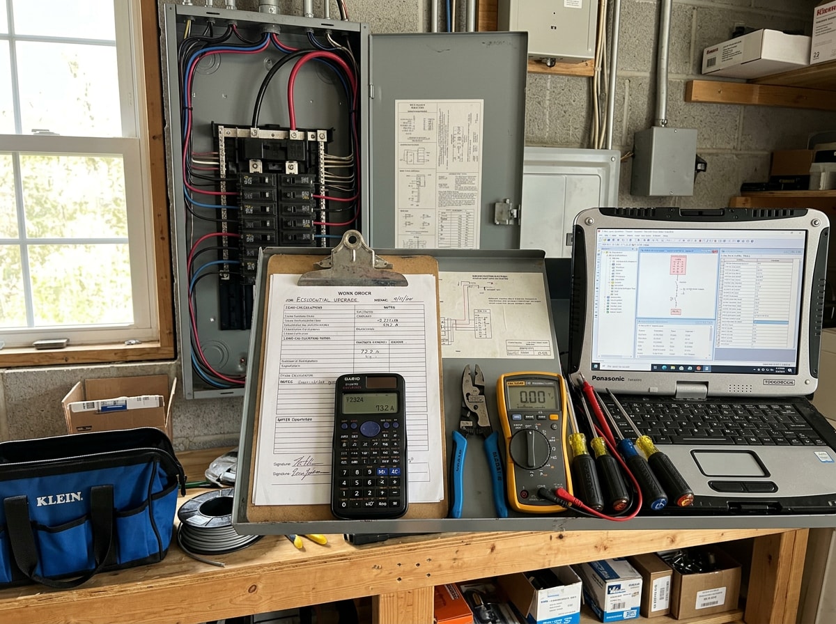 Electrician performing a load calculation during a panel assessment
