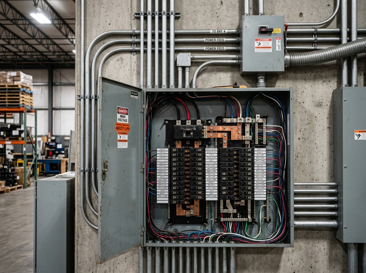 Commercial electrician servicing a panelboard inside a Passaic County warehouse
