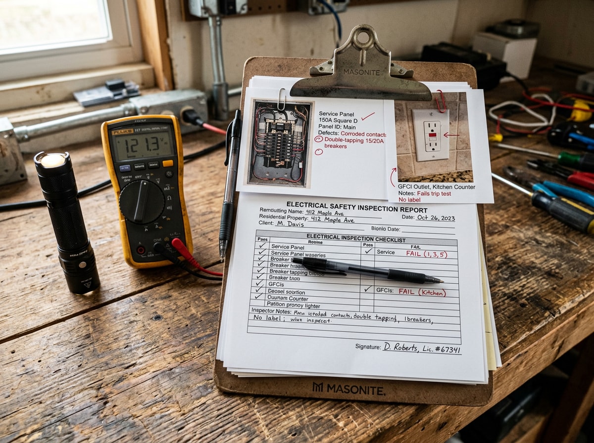 Electrical inspection checklist and report sample showing panel, outlet, and GFCI findings