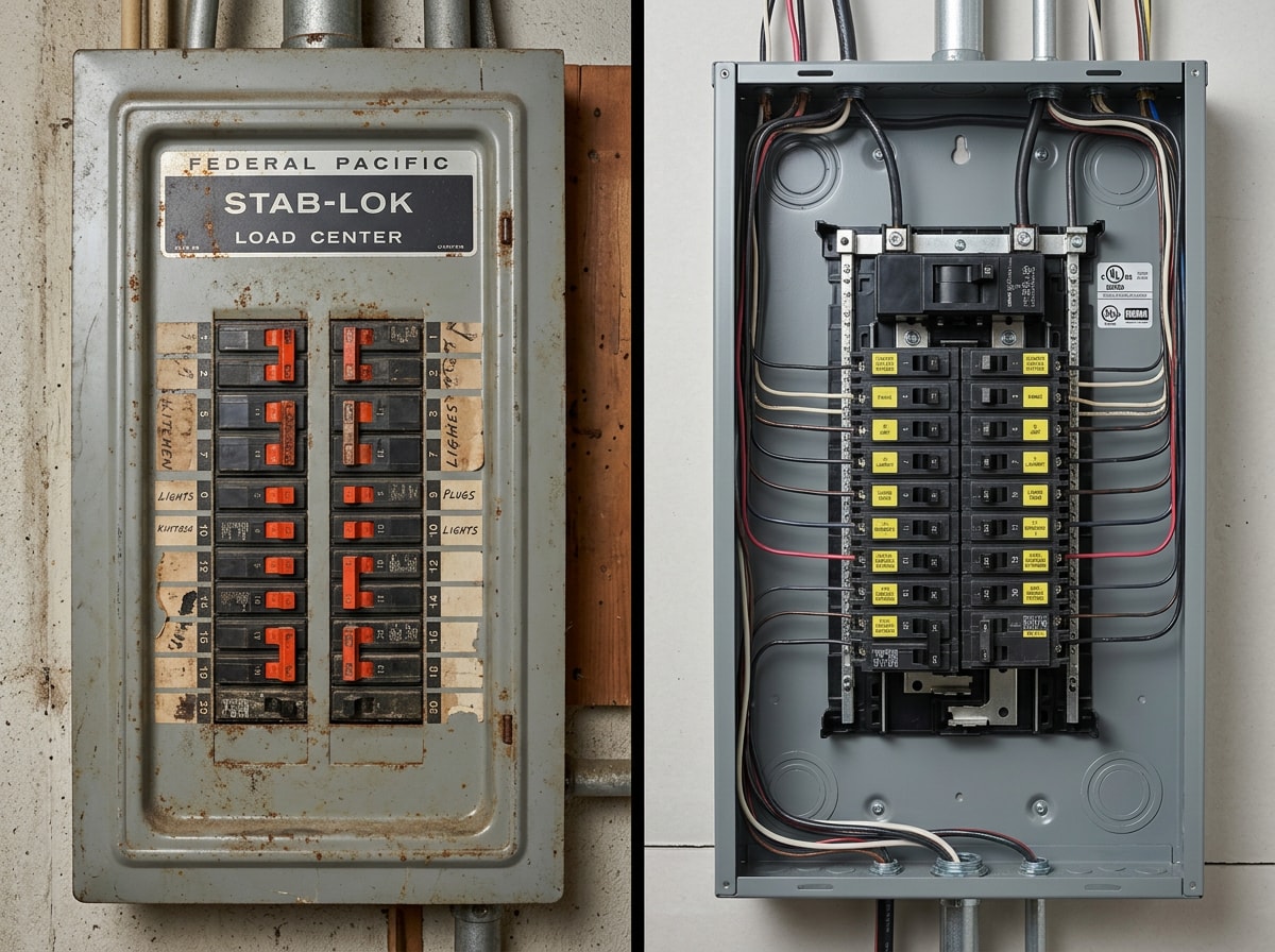 Side-by-side comparison of an outdated Federal Pacific panel next to a modern code-compliant panel
