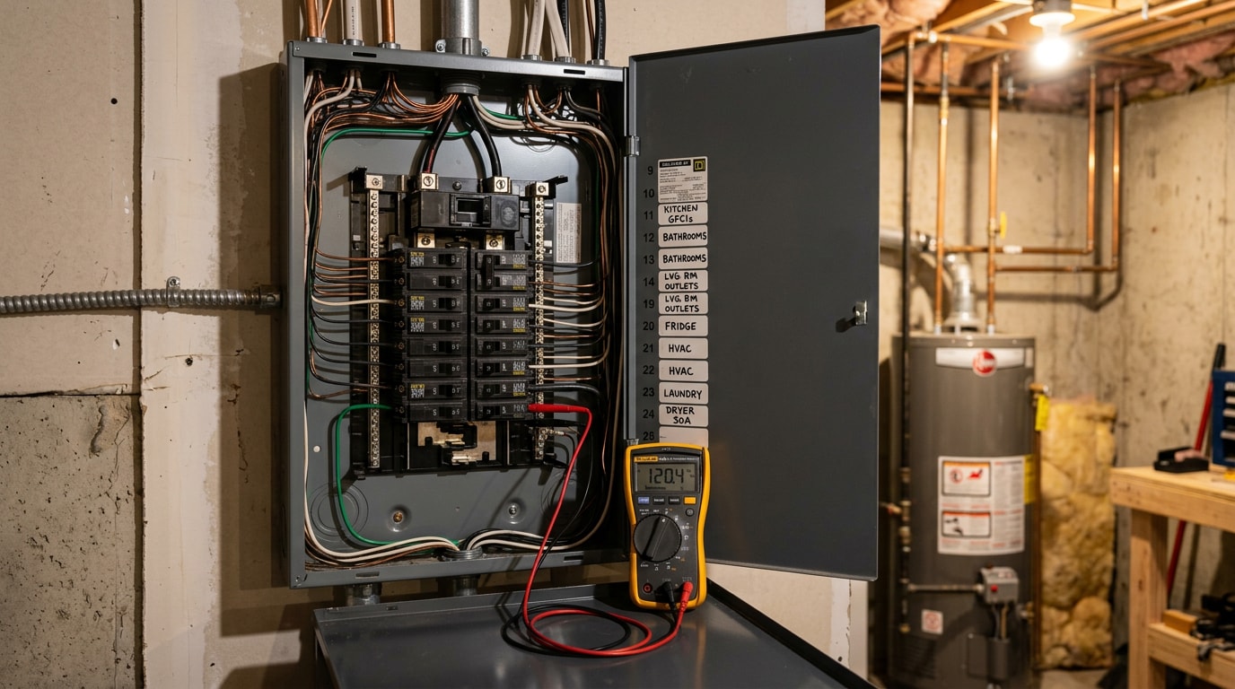 Open residential electrical panel during a professional inspection in a New Jersey home Open residential electrical panel during a professional inspection in a New Jersey home
