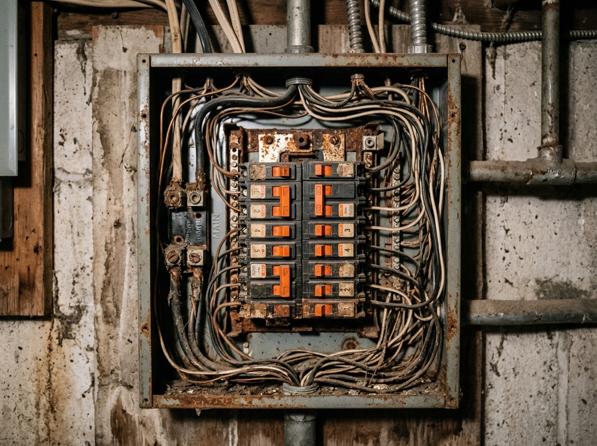 Electrician inspecting an old Federal Pacific electrical panel before replacement