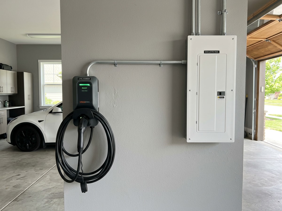 Electrician wiring a Level 2 EV charger circuit from a home electrical panel