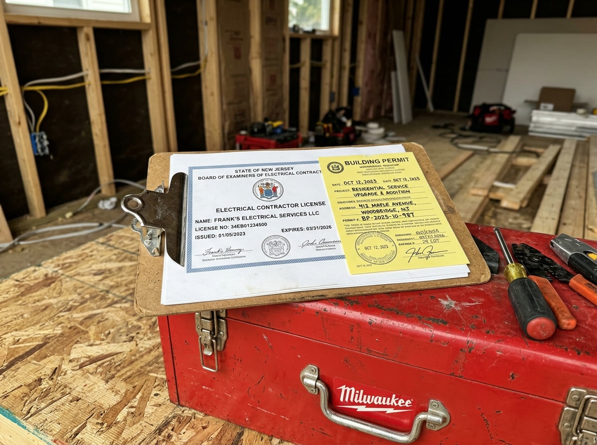 Licensed Sussex County electrician reviewing NJ contractor license and permit paperwork at a job site