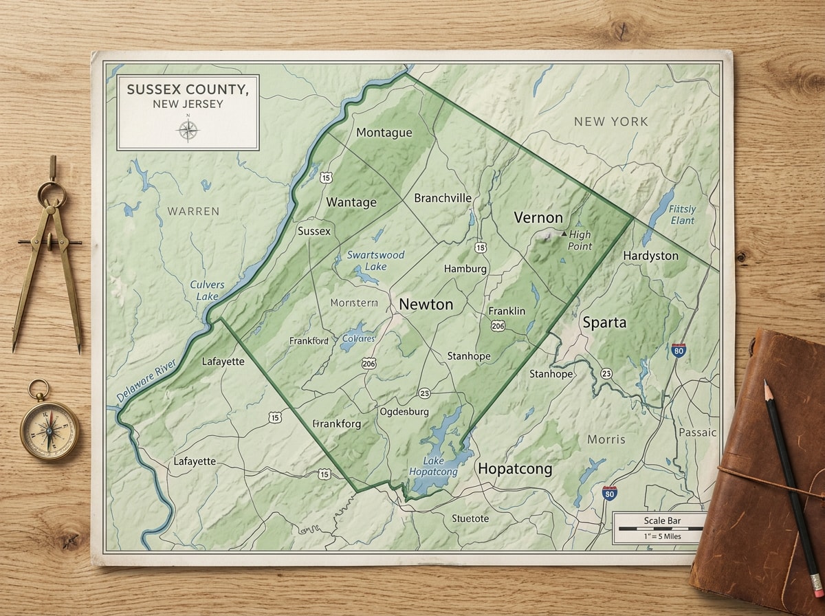 Map highlighting Sussex County, NJ towns served, including Newton, Sparta, Vernon, and Hopatcong