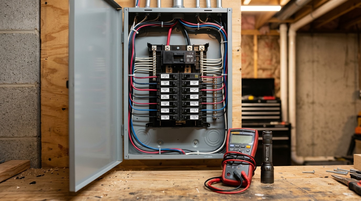 Open residential electrical panel with organized circuit breakers in a Sussex County, NJ home
