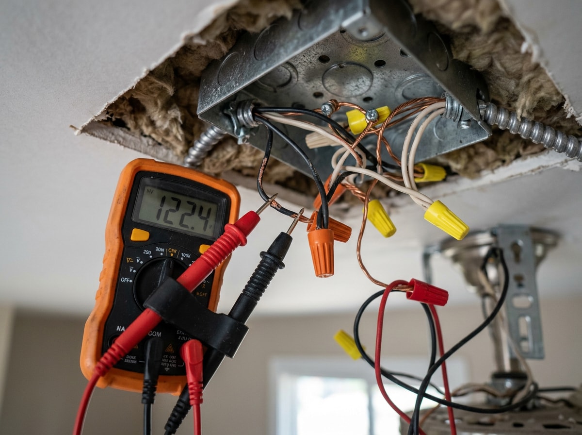 Close-up of an electrician's multimeter testing wiring inside an open ceiling fan mounting box