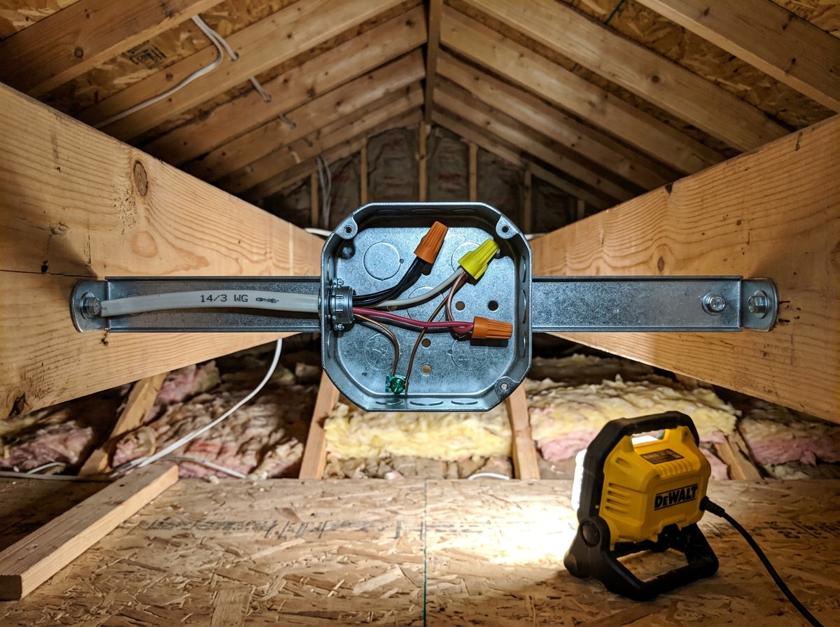 Finished ceiling fan mounted on a fan-rated box with clean wiring connections visible in an attic space