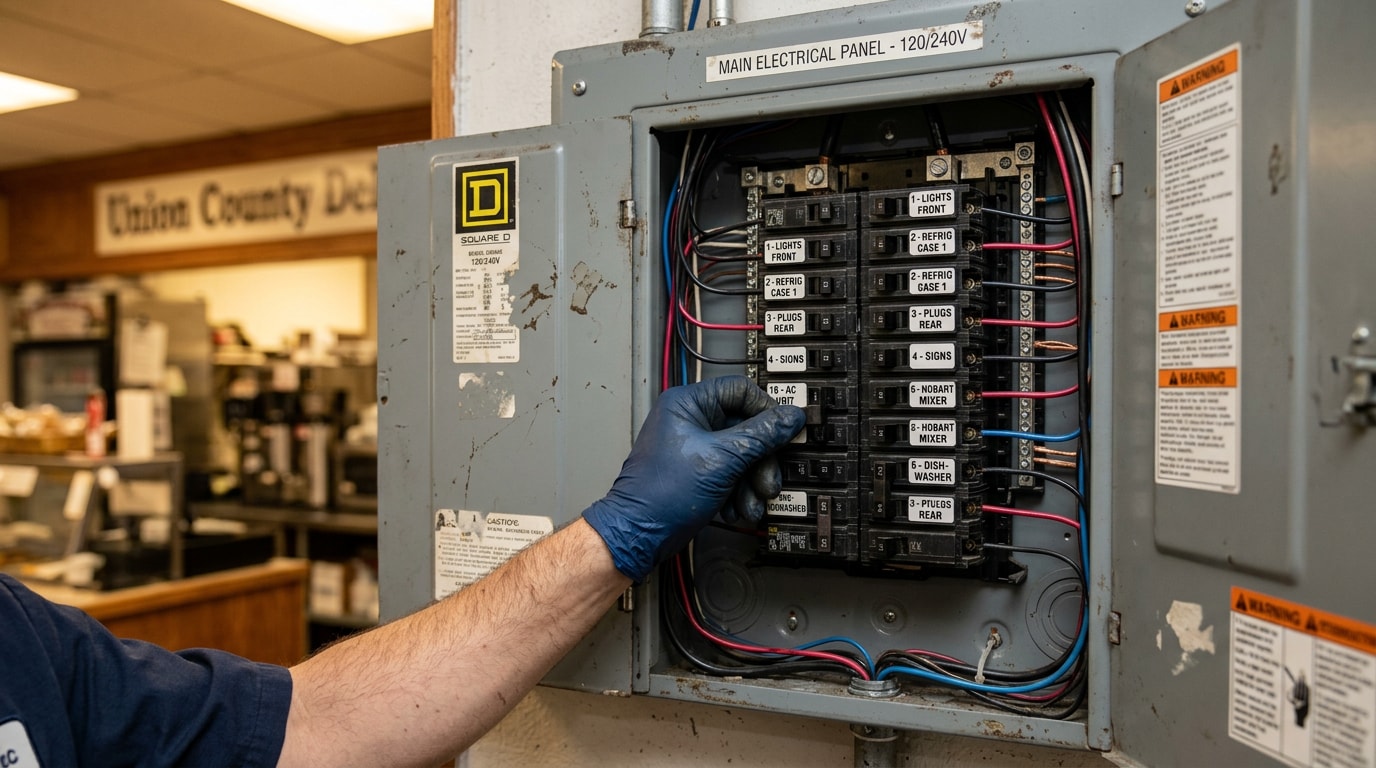 Open commercial electrical panel being repaired inside a Union County, NJ storefront