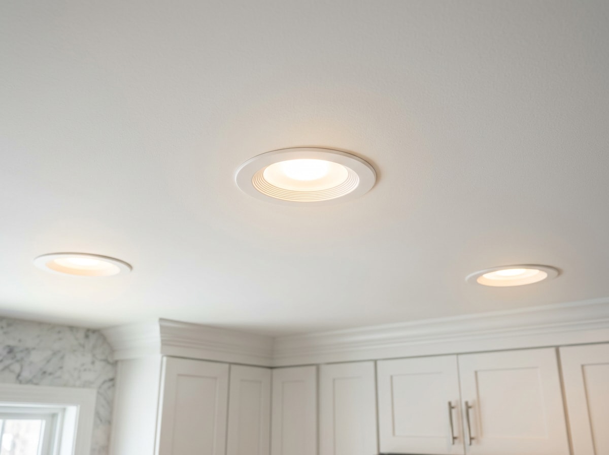 Finished LED recessed lighting installed in a renovated Essex County, NJ kitchen ceiling