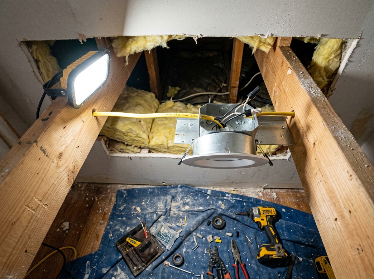 Electrician mounting a recessed light housing into an open ceiling cutout during installation