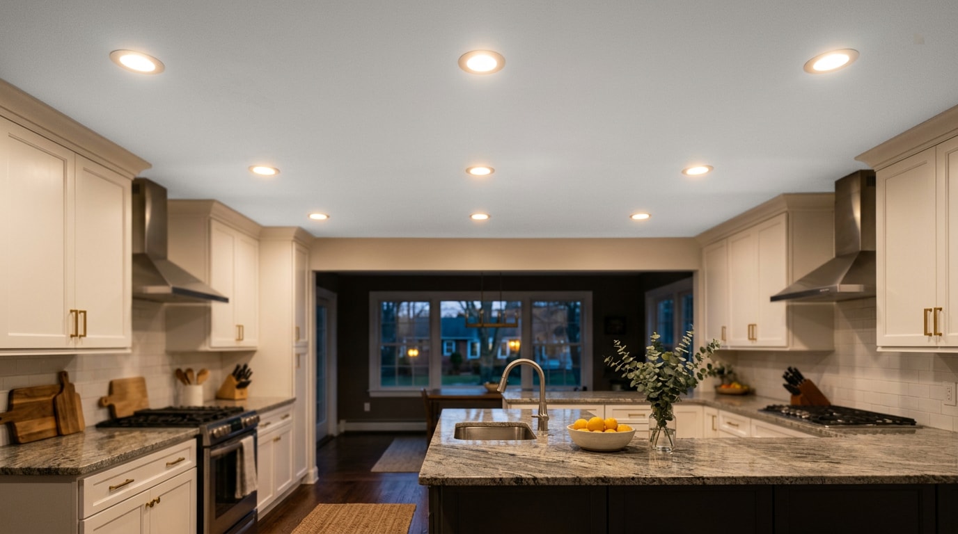 Modern kitchen ceiling with LED recessed lighting fixtures installed, Essex County NJ home Modern kitchen ceiling with LED recessed lighting fixtures installed, Essex County NJ home