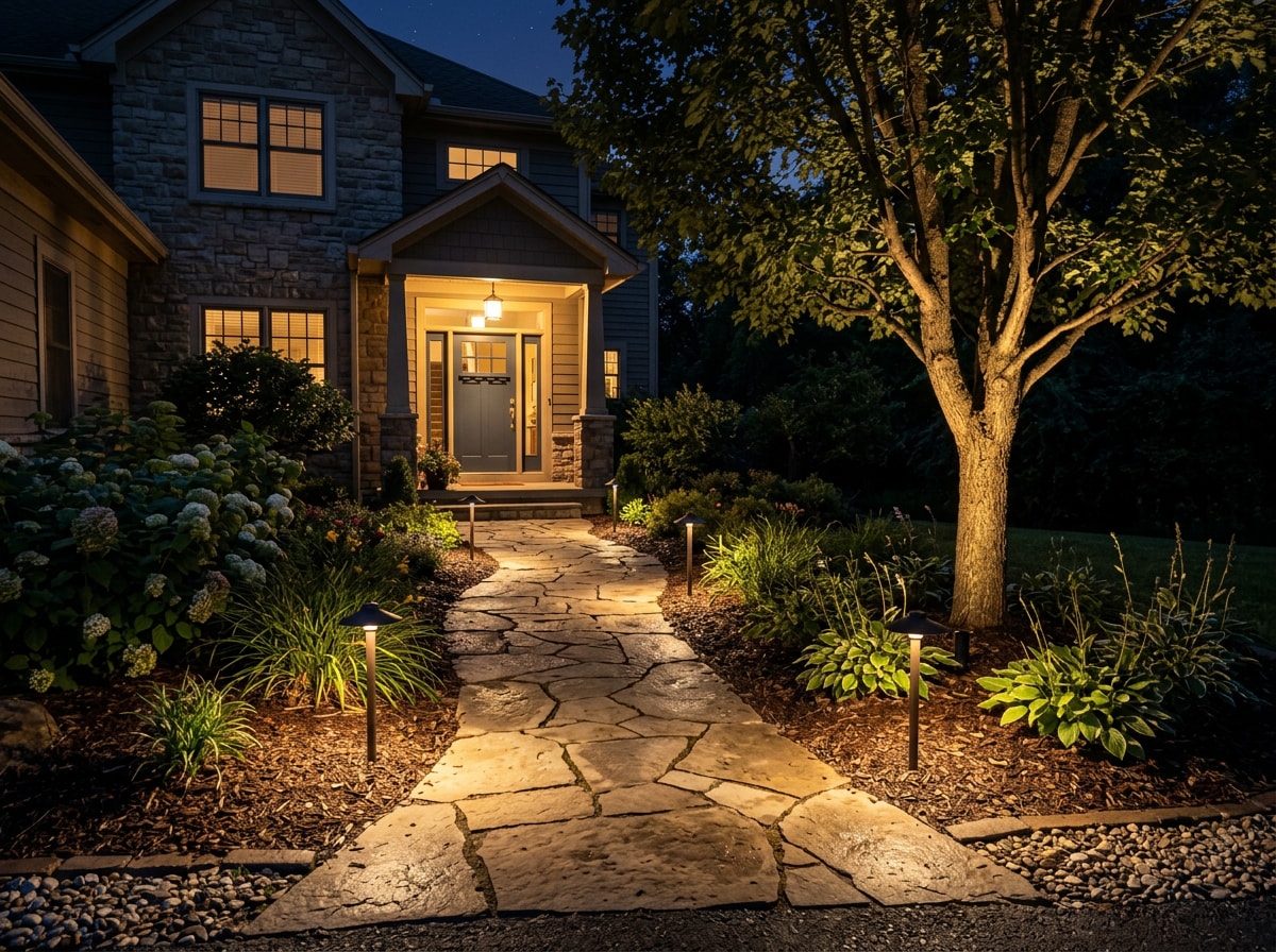 Illuminated front walkway and entryway with installed LED landscape lighting