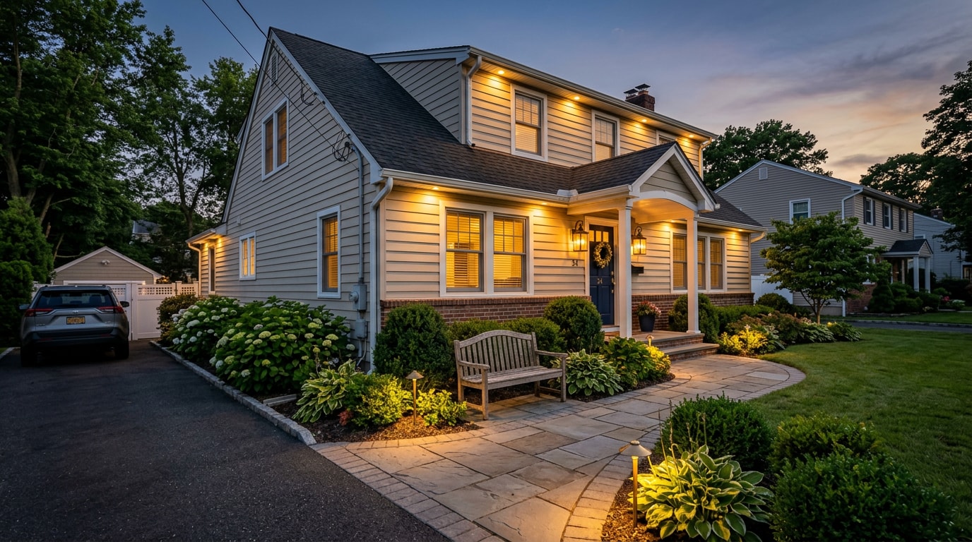 LED outdoor lighting installed on a Sussex County, NJ home at dusk