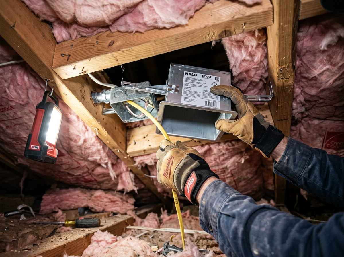 Licensed electrician installing an IC-rated recessed light fixture into an insulated ceiling