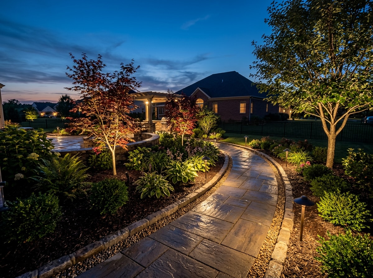 Low-voltage landscape lighting illuminating a stone walkway in a Morris County, NJ backyard