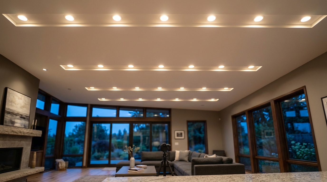 Finished recessed lighting installation glowing in a modern Morris County, NJ living room ceiling