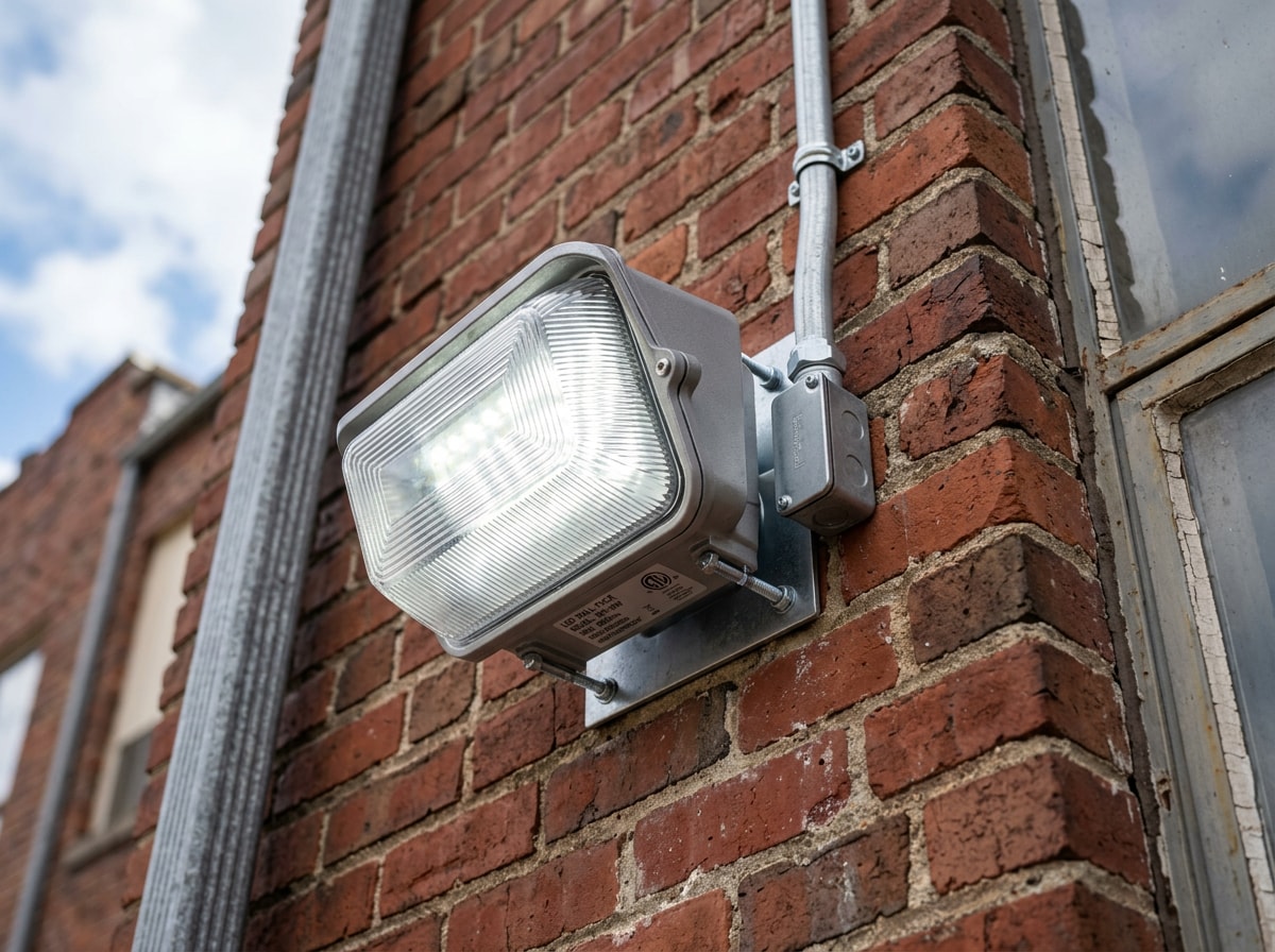 Freshly serviced LED wall-pack fixture on a commercial building exterior in Essex County NJ, no people