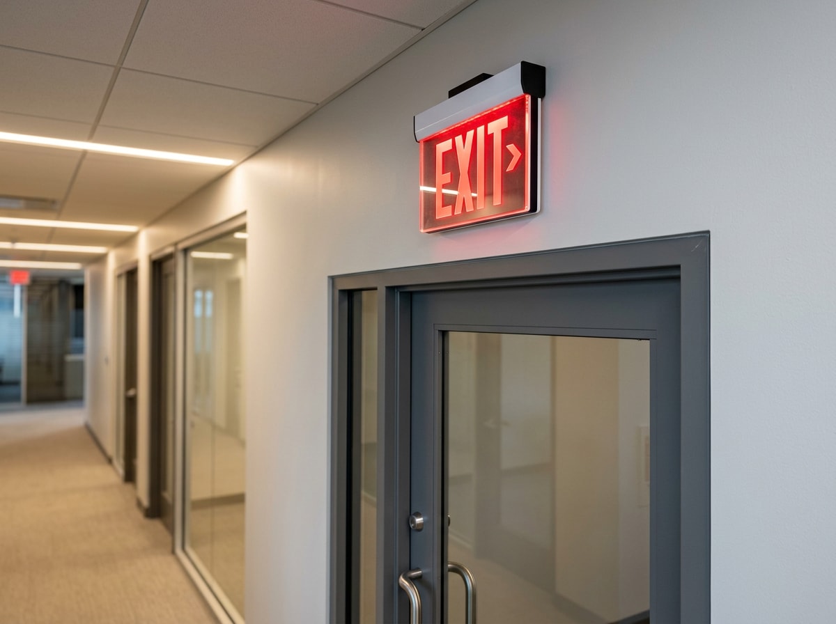 Close-up of a tested and illuminated emergency exit sign mounted above a commercial doorway, no people