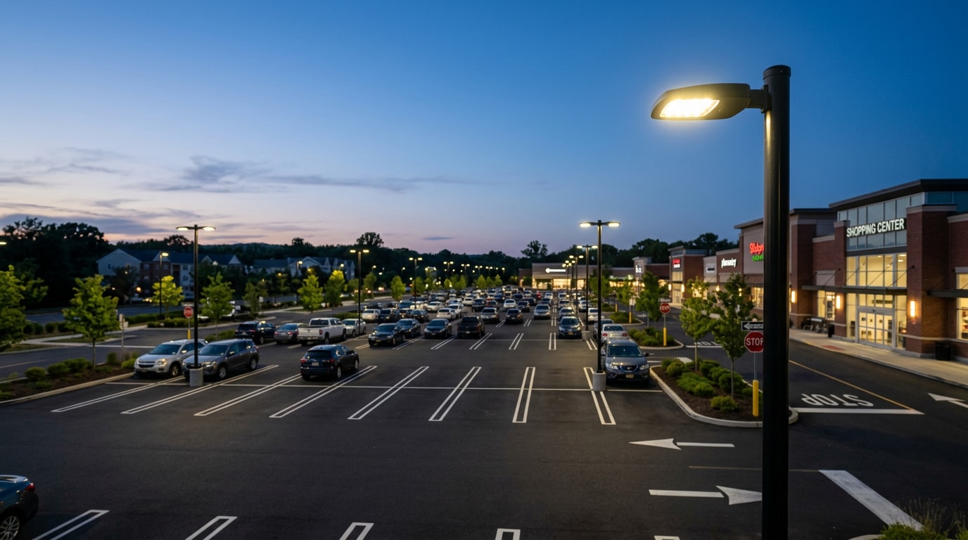 Commercial parking lot with well maintained LED lighting at dusk in Essex County NJ Commercial parking lot with well maintained LED lighting at dusk in Essex County NJ