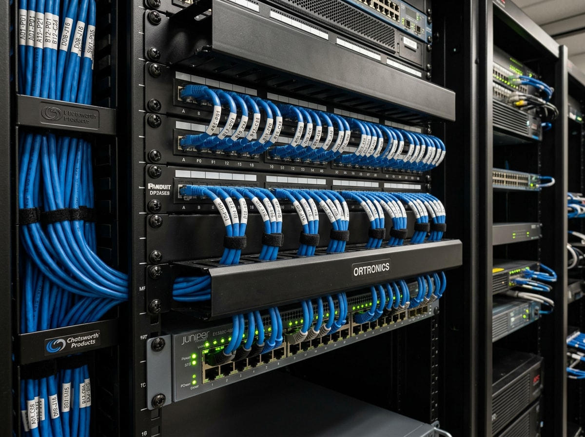 Structured cabling patch panel and network rack neatly installed in a commercial server room