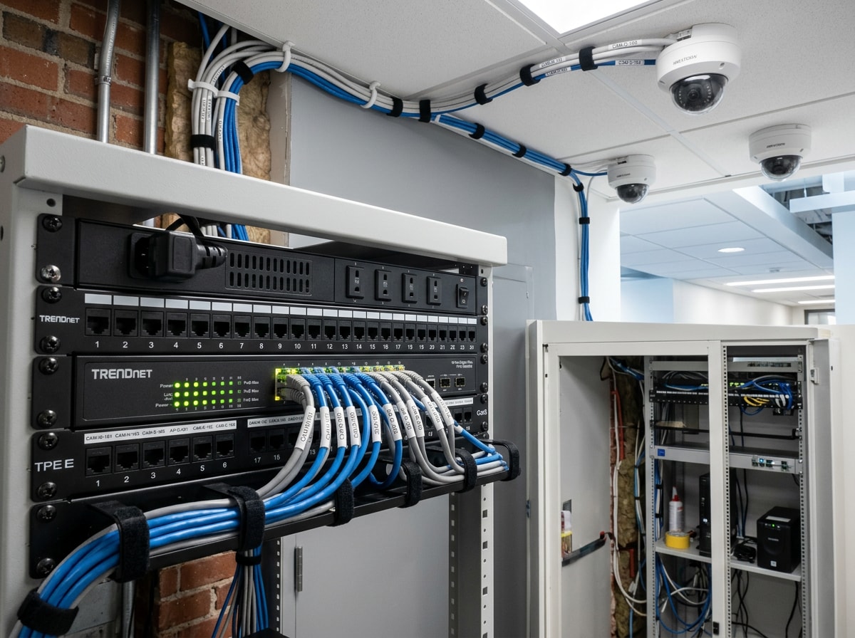 PoE network switch with labeled Ethernet cables feeding security cameras in a wiring closet