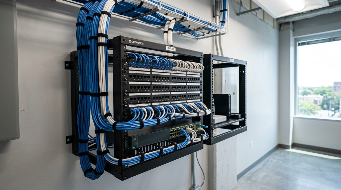 Finished commercial low voltage wiring closet with structured cabling and network patch panel