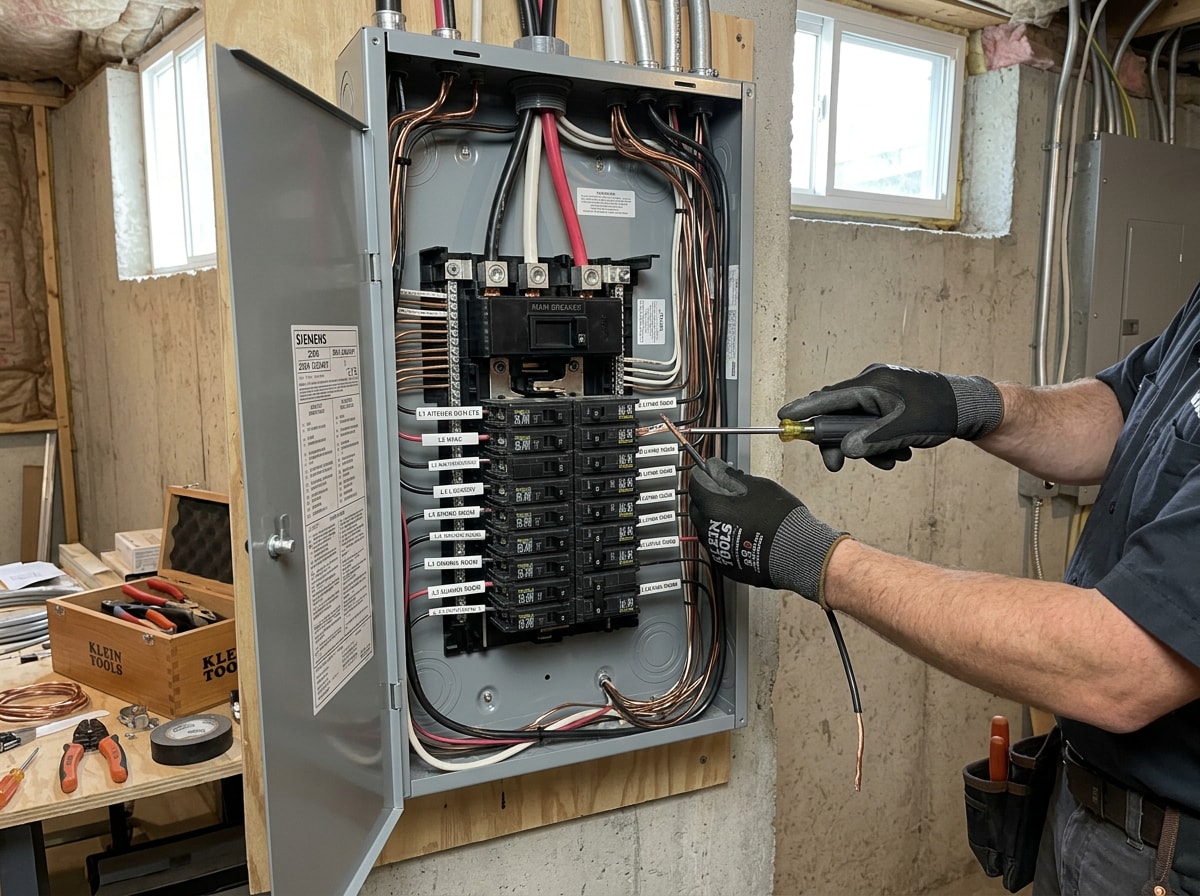 Licensed electrician installing a new residential electrical panel in a Morris County, NJ home