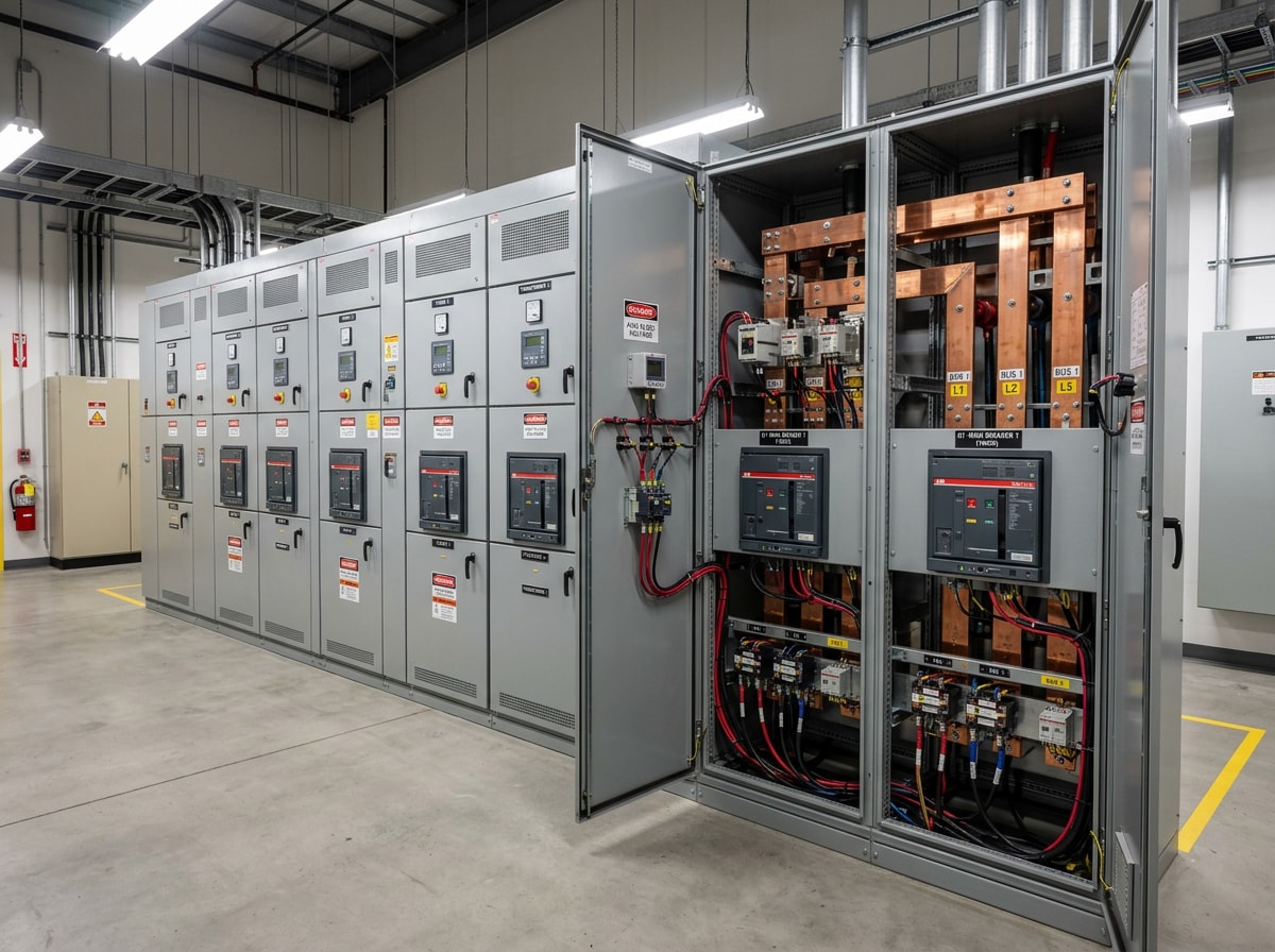 Commercial switchgear lineup with circuit breakers and busbars in an electrical equipment room