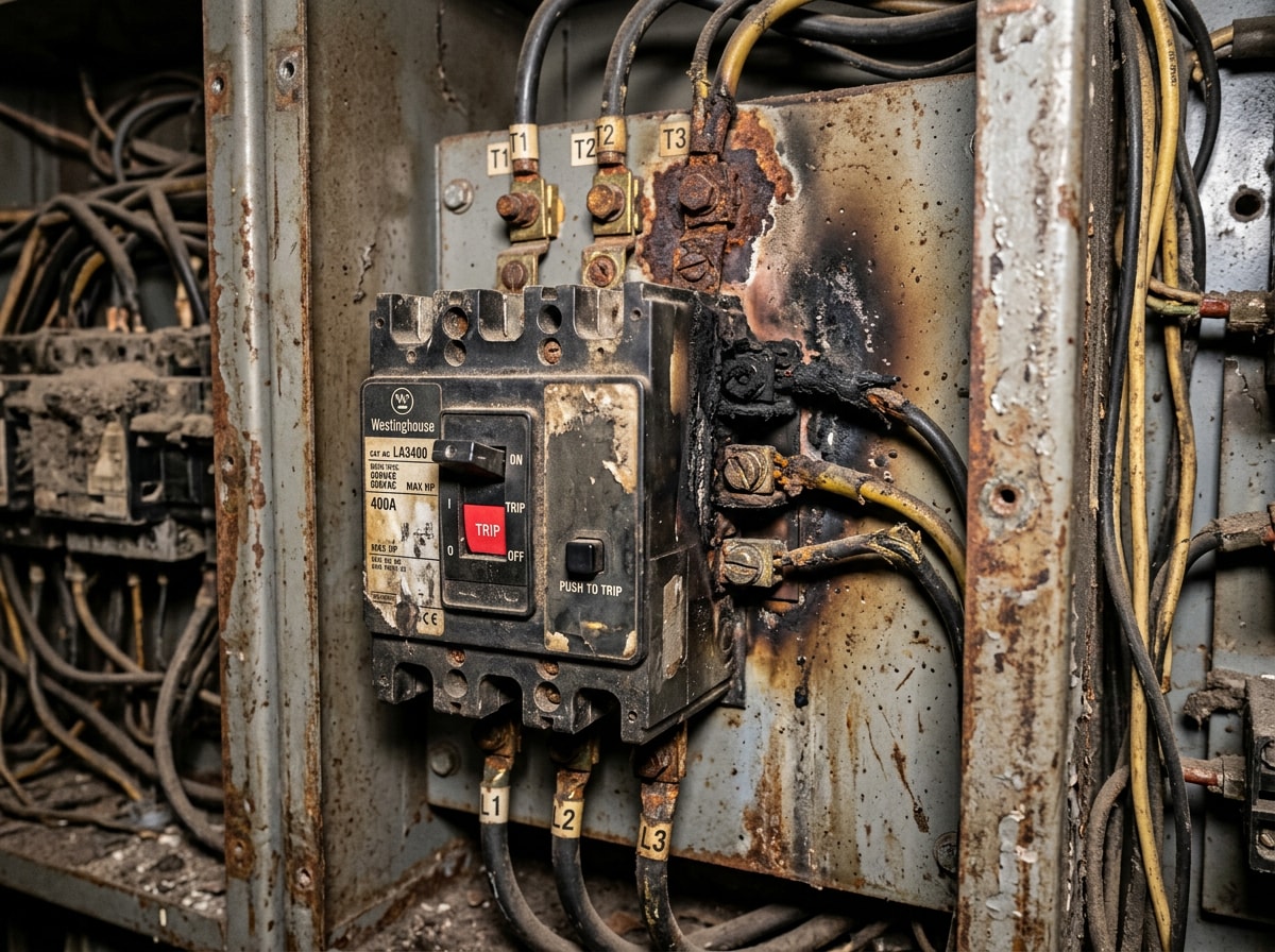 Close-up of an aged electrical switchgear panel showing corrosion and scorch marks near a breaker