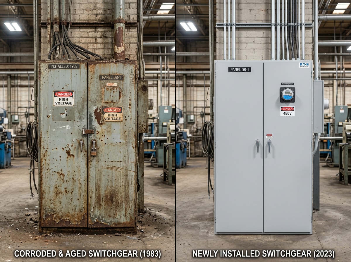 Side-by-side comparison of an older corroded switchgear enclosure next to a newly installed switchgear cabinet