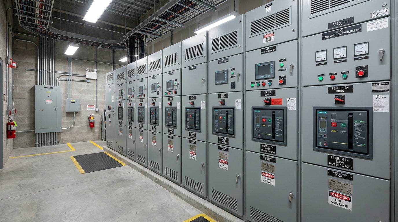 Commercial switchgear room with a metal-enclosed breaker lineup Commercial switchgear room with a metal-enclosed breaker lineup