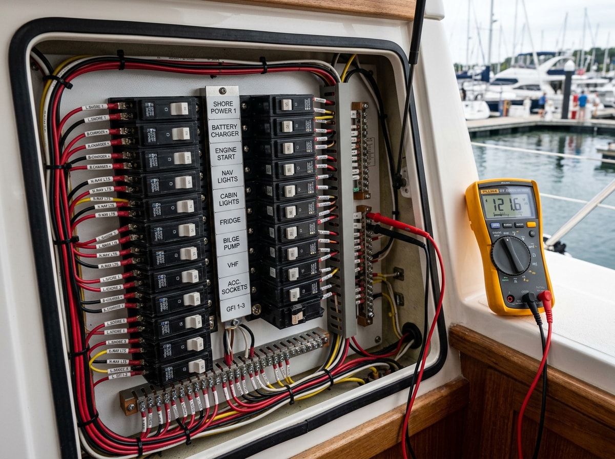 Marine electrician inspecting a yacht electrical panel at a dock in Bergen County, NJ