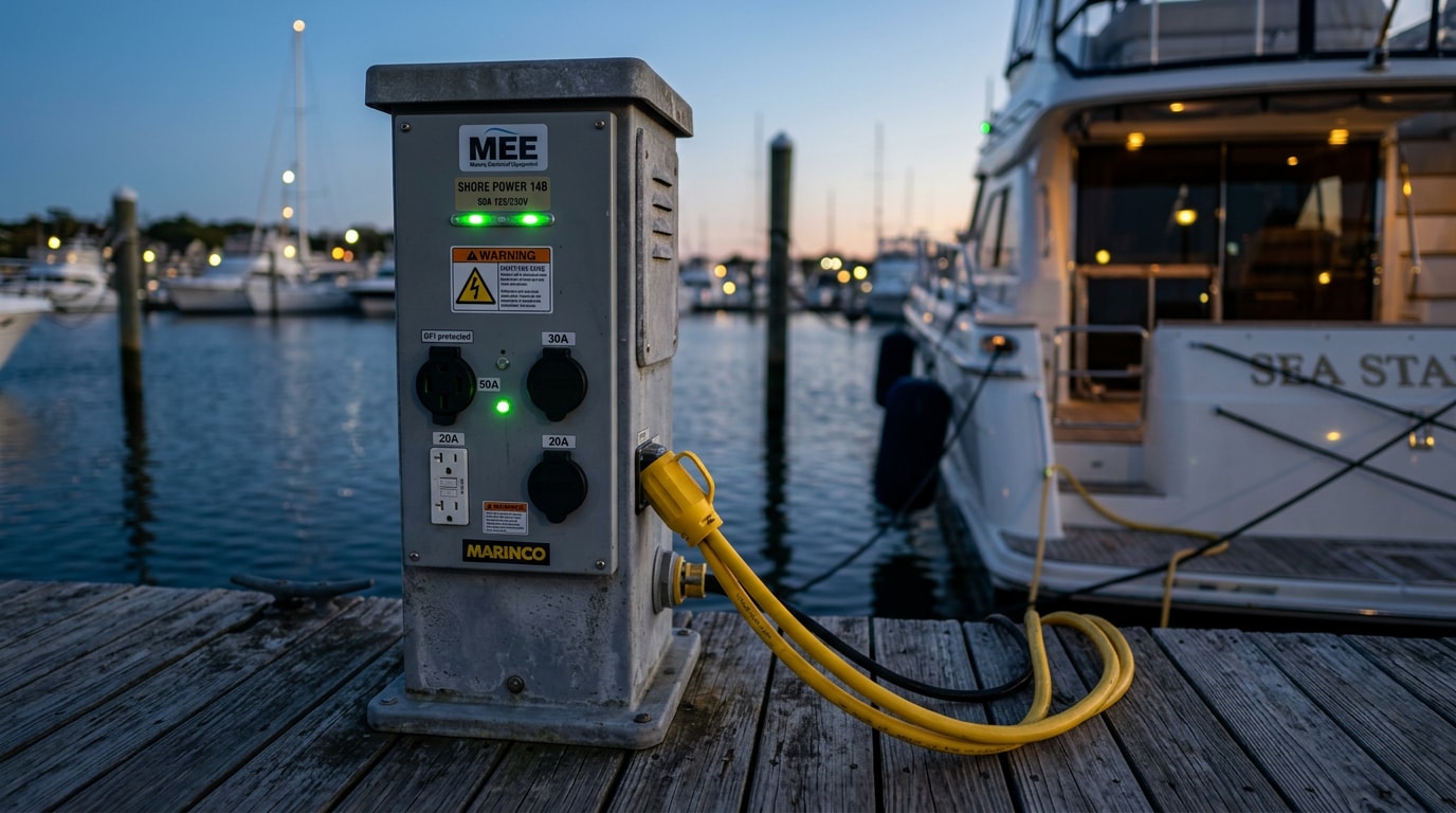 Shore power pedestal and electrical connection at a Bergen County, NJ marina dock Shore power pedestal and electrical connection at a Bergen County, NJ marina dock