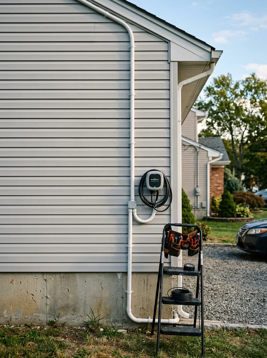 An electrician running conduit along the exterior wall of a Bergen County home for a Level 2 EV charger installation, with a compact suburban lot visible in the background.