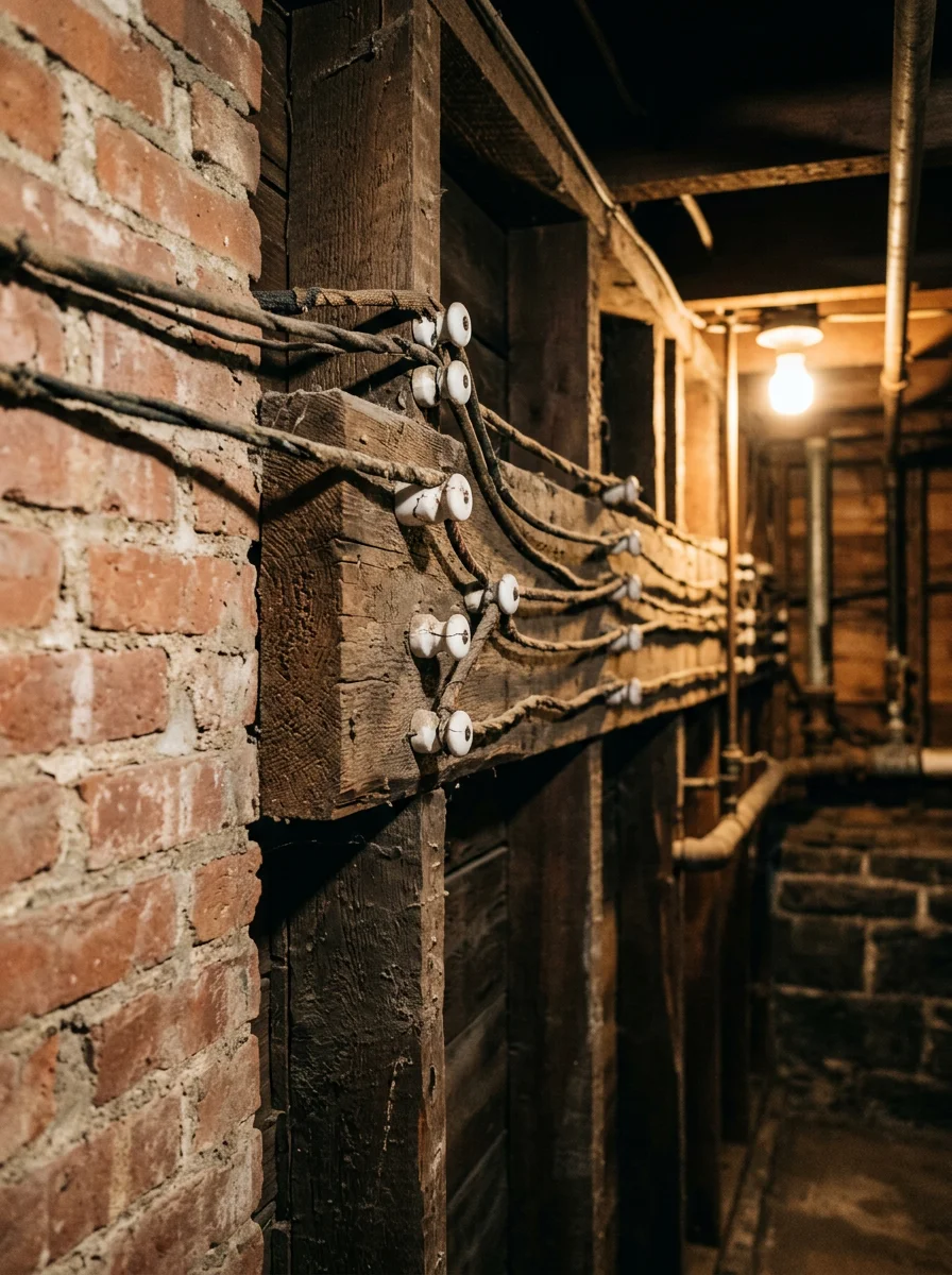 Knob-and-tube wiring visible on basement joists in an older Essex County home, with ceramic knobs and cloth-wrapped conductors clearly shown.