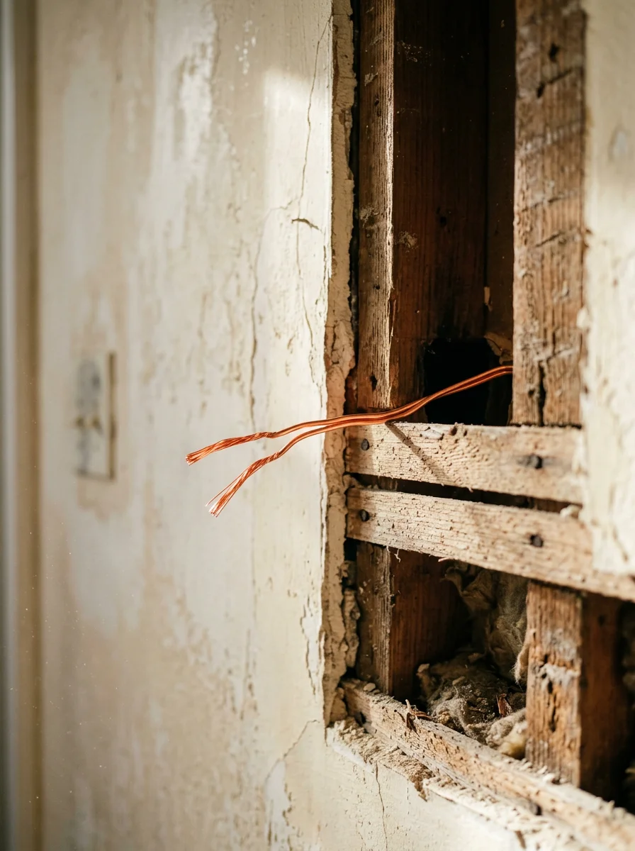 Close-up of an electrician's hands running new wiring through the wall of an older Morris County home, with original plaster walls visible in the background.