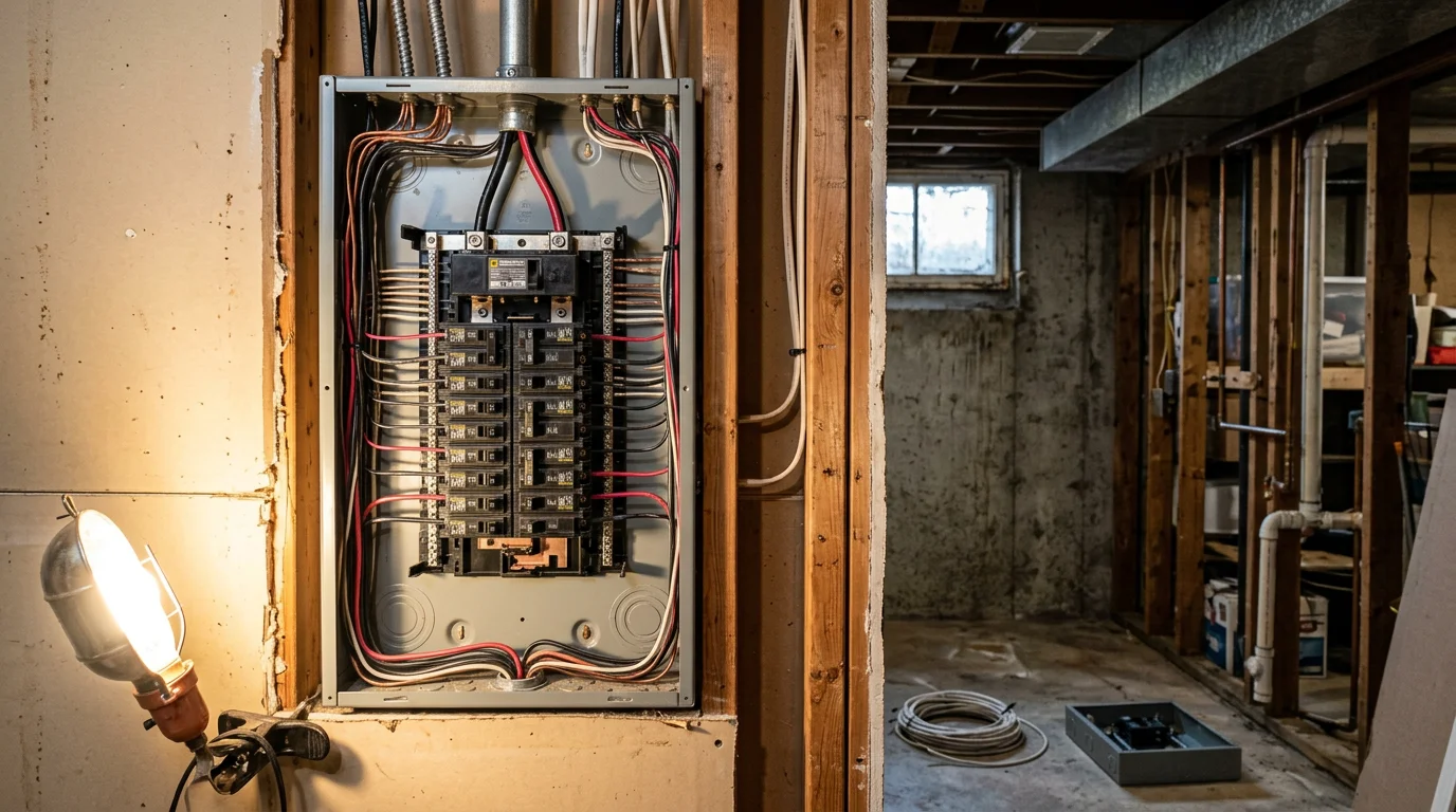 An electrician upgrading a residential electrical panel in a 1960s split-level home in Morris County, NJ, with new breakers and wiring visible inside the open panel box.